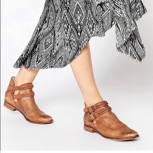 Free People Braeburn Tan Camel Buckle Booties Distressed Ankle Boots